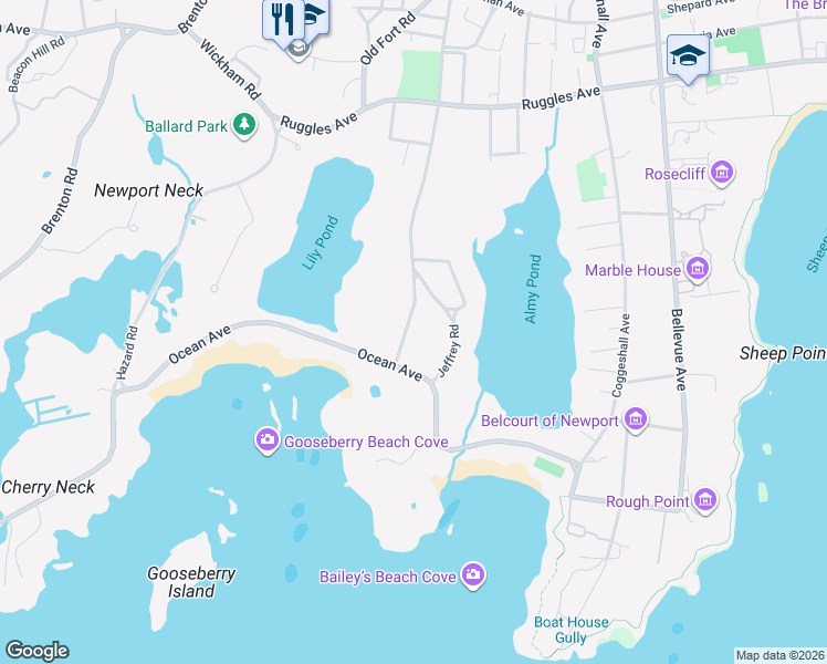 map of restaurants, bars, coffee shops, grocery stores, and more near 21 Jeffrey Road in Newport