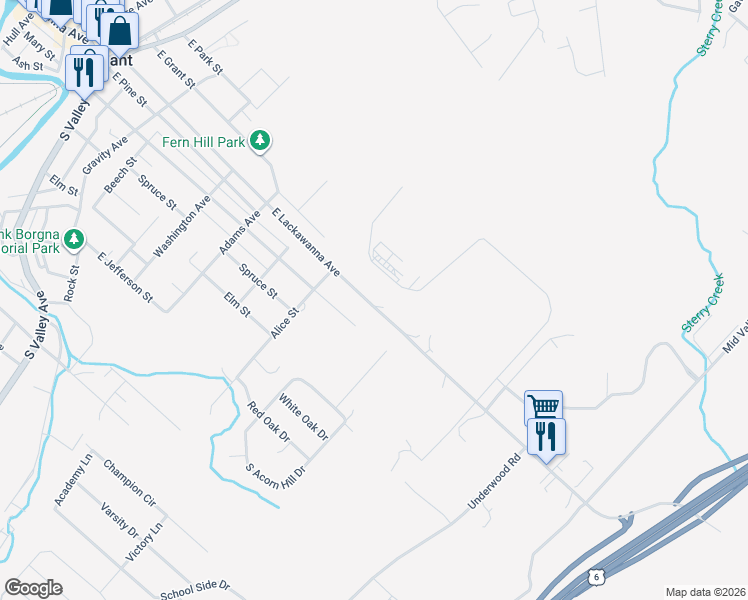 map of restaurants, bars, coffee shops, grocery stores, and more near 1011 East Lackawanna Avenue in Olyphant