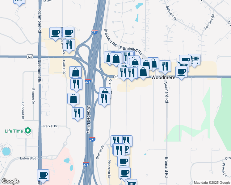 map of restaurants, bars, coffee shops, grocery stores, and more near 3655 Orange Place in Beachwood