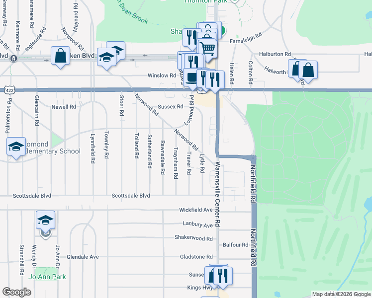 map of restaurants, bars, coffee shops, grocery stores, and more near 3661 Traver Road in Shaker Heights
