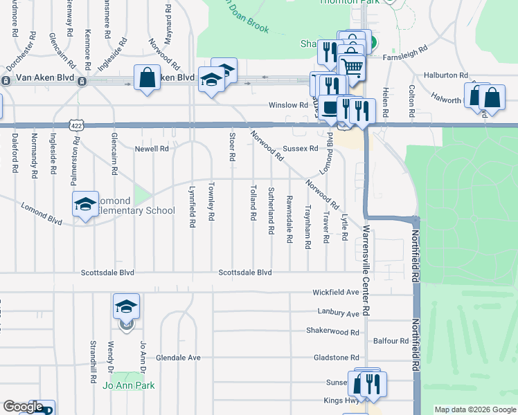 map of restaurants, bars, coffee shops, grocery stores, and more near 3661 Tolland Road in Shaker Heights