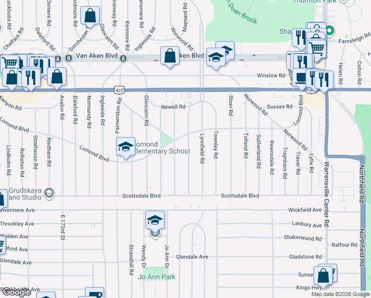 map of restaurants, bars, coffee shops, grocery stores, and more near 3661 Latimore Road in Shaker Heights