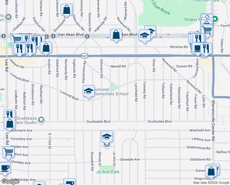 map of restaurants, bars, coffee shops, grocery stores, and more near 3661 Gridley Road in Shaker Heights
