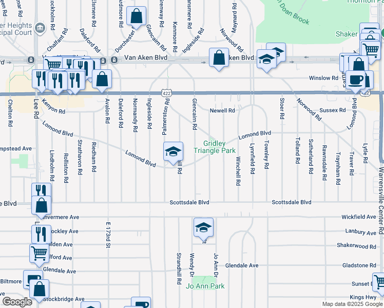 map of restaurants, bars, coffee shops, grocery stores, and more near 18129 Lomond Boulevard in Shaker Heights