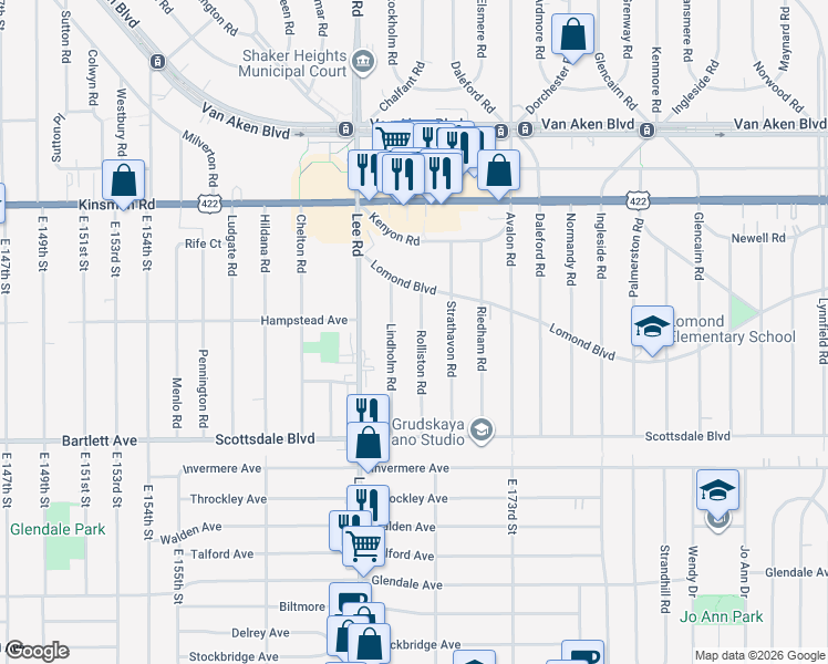 map of restaurants, bars, coffee shops, grocery stores, and more near 3663 Rolliston Road in Shaker Heights