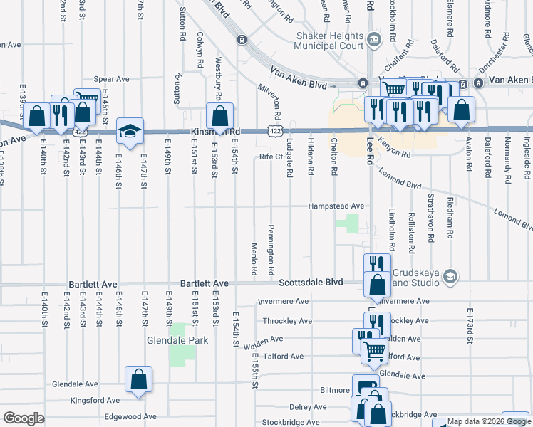 map of restaurants, bars, coffee shops, grocery stores, and more near 3662 Pennington Road in Shaker Heights