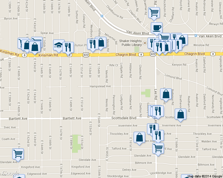 map of restaurants, bars, coffee shops, grocery stores, and more near 3662 Pennington Road in Shaker Heights