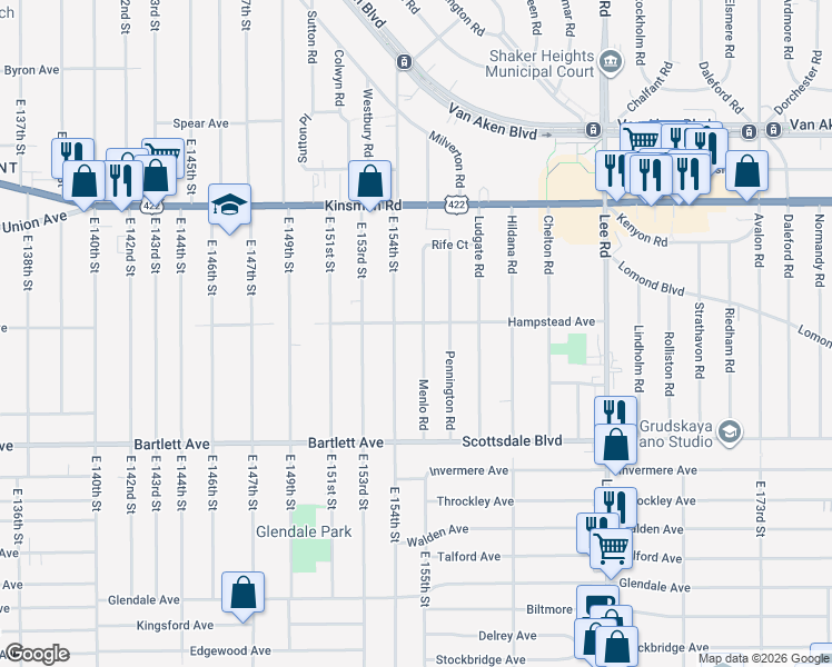 map of restaurants, bars, coffee shops, grocery stores, and more near 3657 East 154th Street in Cleveland