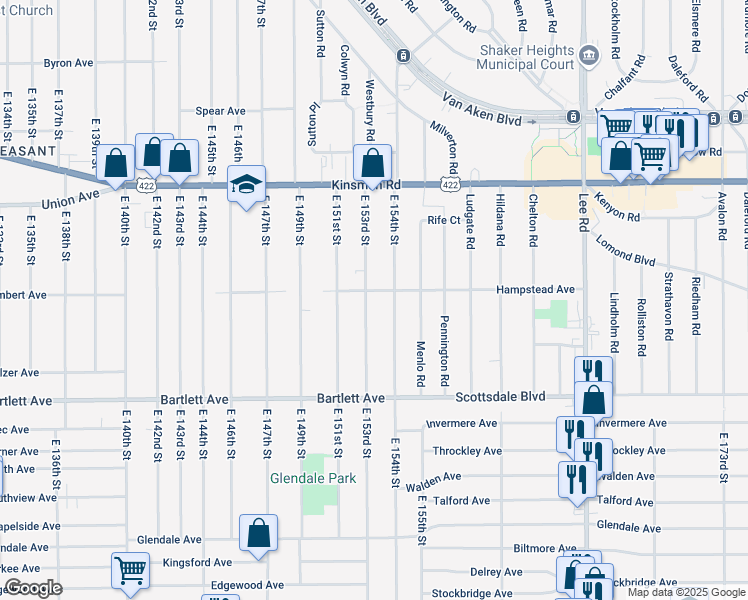 map of restaurants, bars, coffee shops, grocery stores, and more near 3656 East 153rd Street in Cleveland
