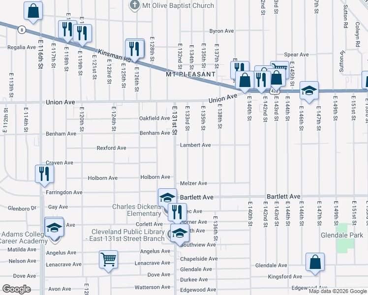 map of restaurants, bars, coffee shops, grocery stores, and more near 3633 East 131st Street in Cleveland
