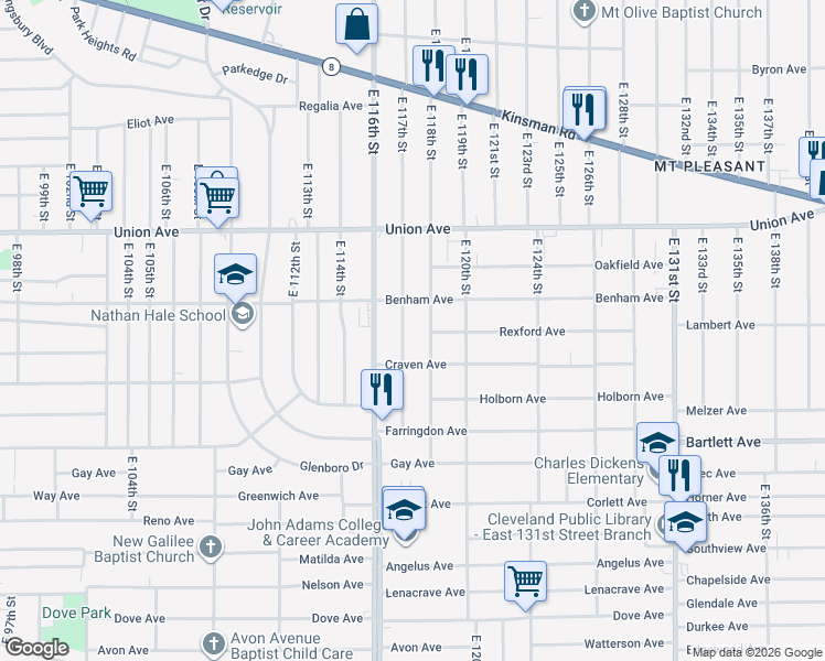 map of restaurants, bars, coffee shops, grocery stores, and more near 3627 East 117th Street in Cleveland