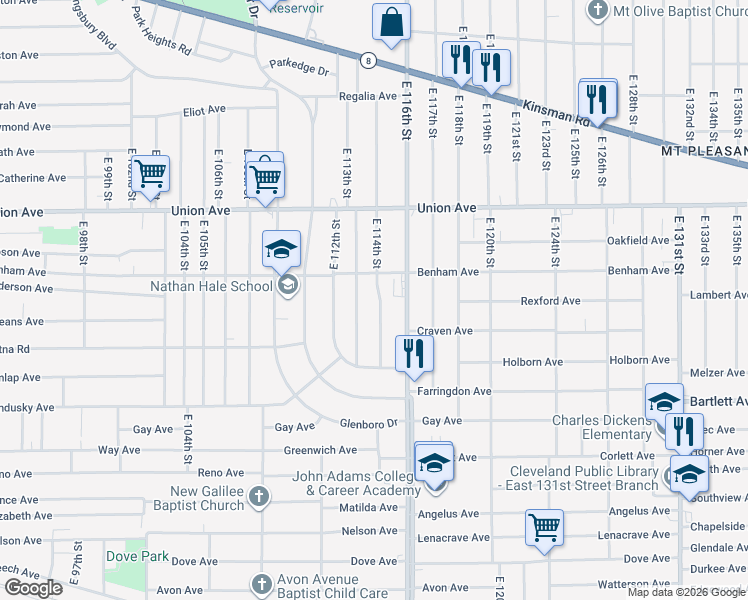 map of restaurants, bars, coffee shops, grocery stores, and more near 3630 East 114th Street in Cleveland