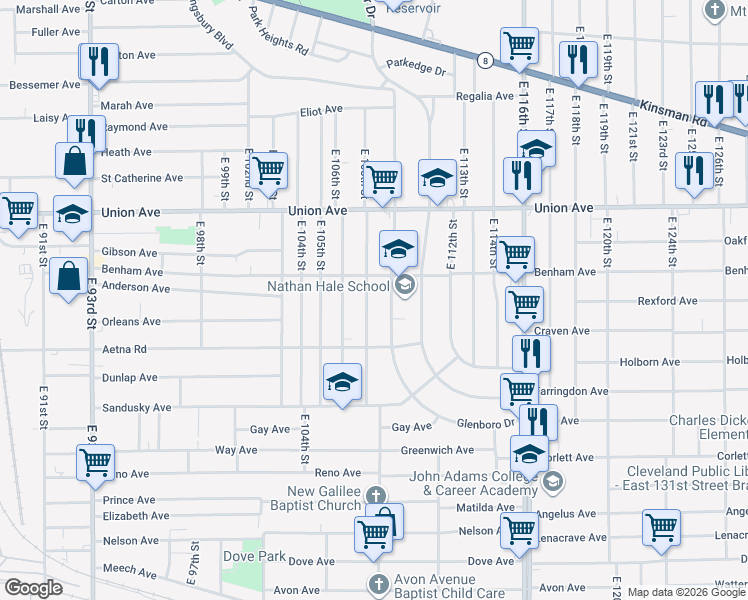 map of restaurants, bars, coffee shops, grocery stores, and more near 3628 East 110th Street in Cleveland