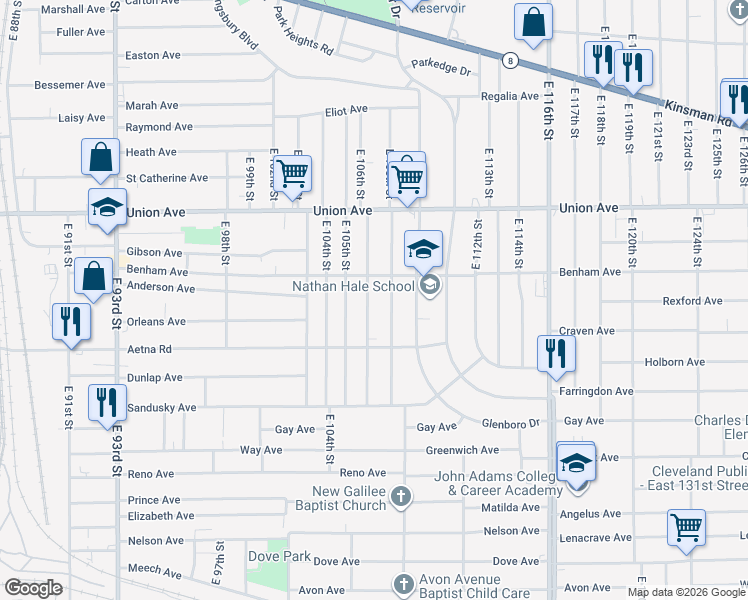 map of restaurants, bars, coffee shops, grocery stores, and more near 3627 East 106th Street in Cleveland
