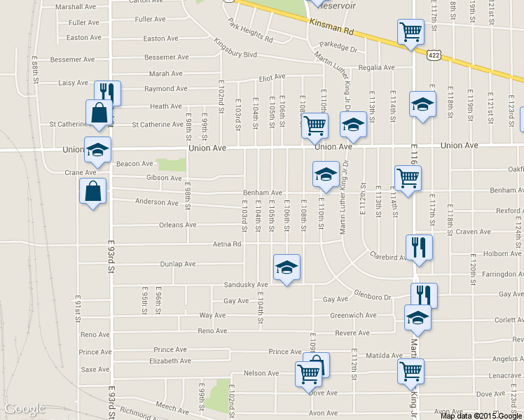 map of restaurants, bars, coffee shops, grocery stores, and more near 3622 East 105th Street in Cleveland