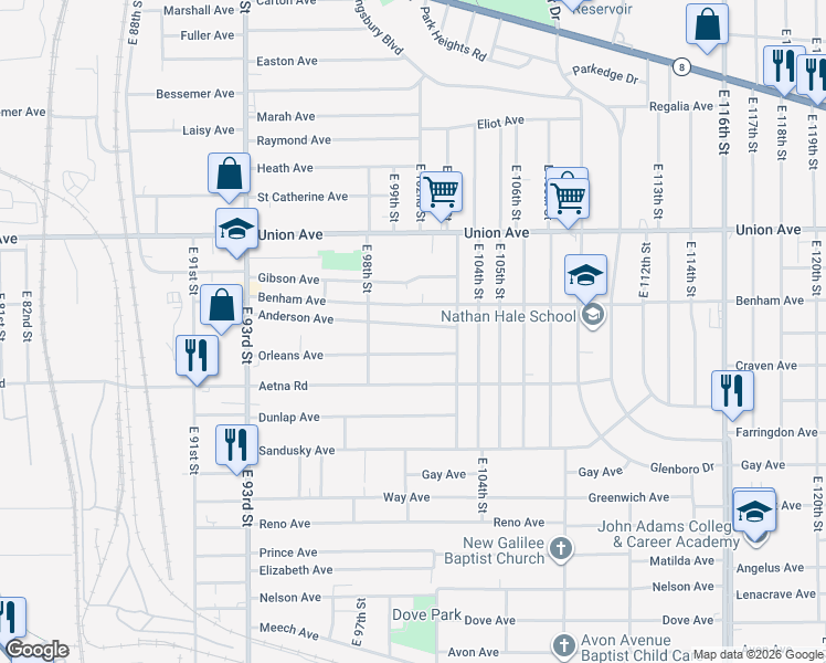 map of restaurants, bars, coffee shops, grocery stores, and more near 10008 Orleans Avenue in Cleveland