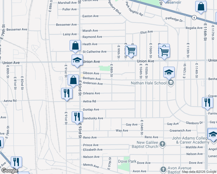map of restaurants, bars, coffee shops, grocery stores, and more near 9801 Orleans Avenue in Cleveland