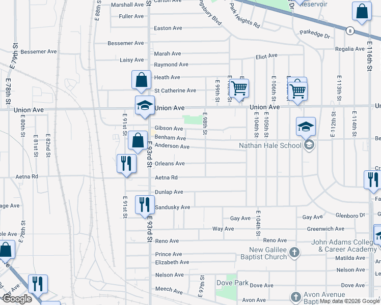 map of restaurants, bars, coffee shops, grocery stores, and more near 9703 Orleans Avenue in Cleveland