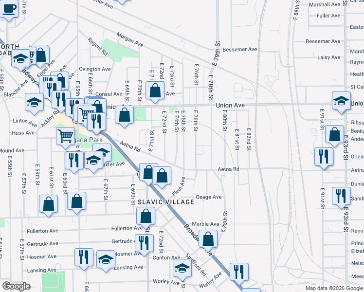 map of restaurants, bars, coffee shops, grocery stores, and more near 3616 East 75th Street in Cleveland