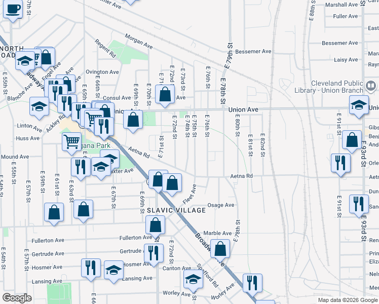 map of restaurants, bars, coffee shops, grocery stores, and more near 3616 East 75th Street in Cleveland