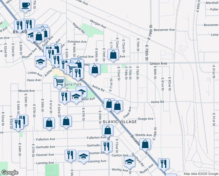 map of restaurants, bars, coffee shops, grocery stores, and more near 7103 Aetna Road in Cleveland