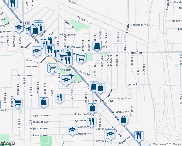 map of restaurants, bars, coffee shops, grocery stores, and more near 7103 Aetna Road in Cleveland