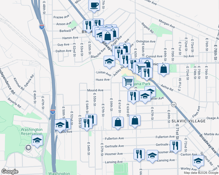 map of restaurants, bars, coffee shops, grocery stores, and more near 3605 East 57th Street in Cleveland