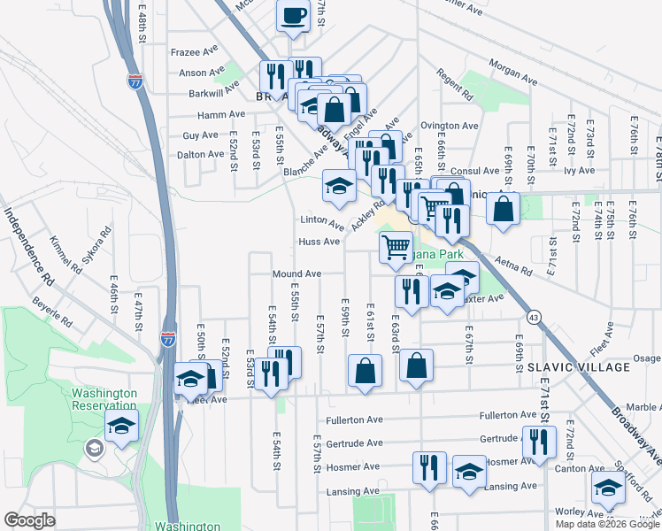 map of restaurants, bars, coffee shops, grocery stores, and more near 3605 East 57th Street in Cleveland