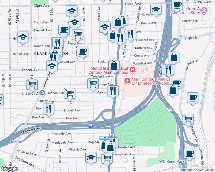 map of restaurants, bars, coffee shops, grocery stores, and more near 2700 Marvin Avenue in Cleveland