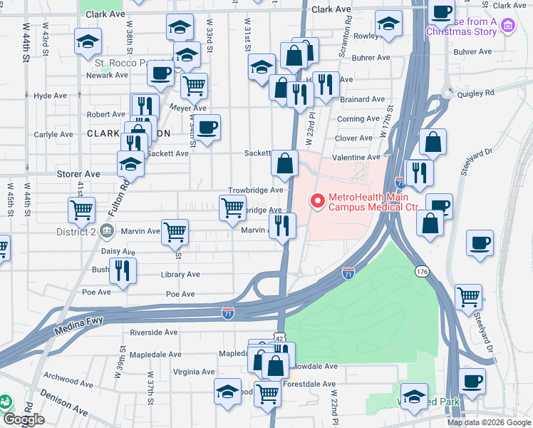 map of restaurants, bars, coffee shops, grocery stores, and more near 2700 Marvin Avenue in Cleveland