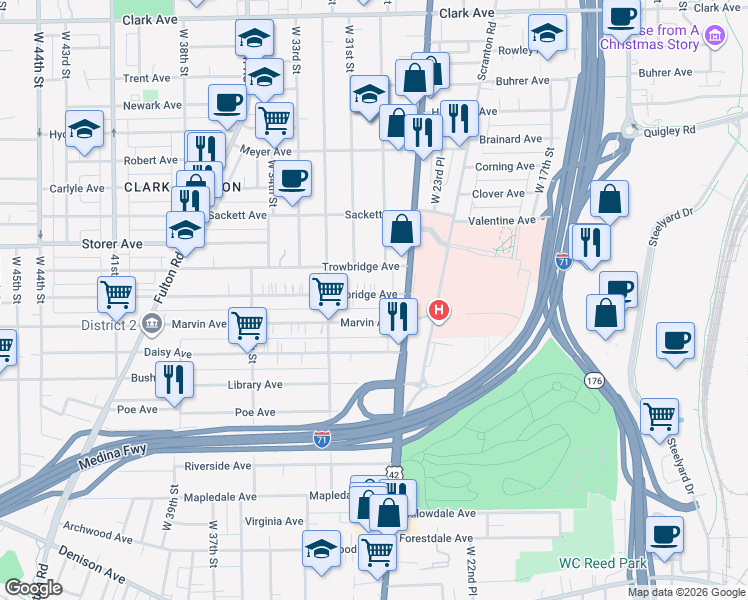 map of restaurants, bars, coffee shops, grocery stores, and more near 2700 Marvin Avenue in Cleveland