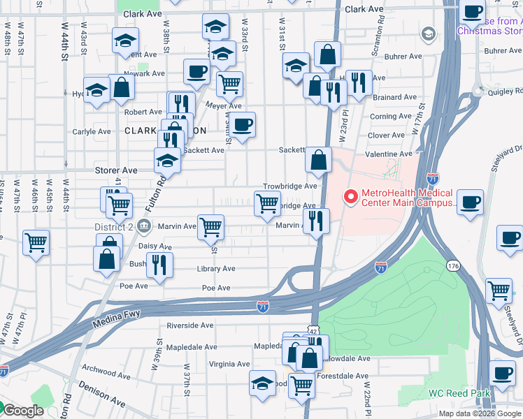 map of restaurants, bars, coffee shops, grocery stores, and more near 3246 Marvin Avenue in Cleveland
