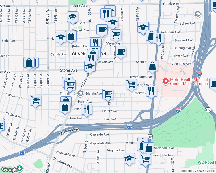 map of restaurants, bars, coffee shops, grocery stores, and more near 3534 Marvin Avenue in Cleveland
