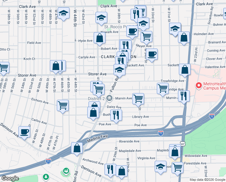 map of restaurants, bars, coffee shops, grocery stores, and more near 3912 Marvin Avenue in Cleveland
