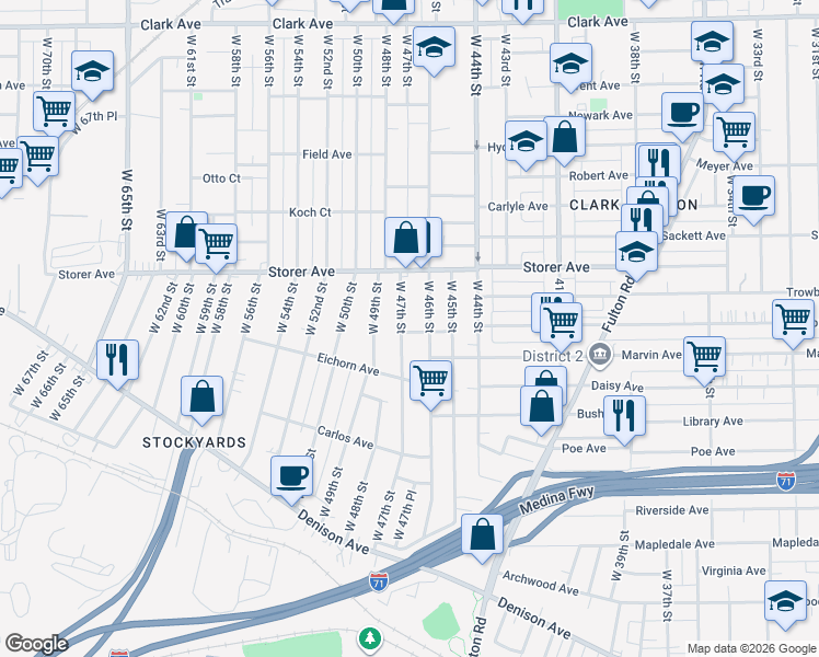 map of restaurants, bars, coffee shops, grocery stores, and more near 3468 West 46th Street in Cleveland
