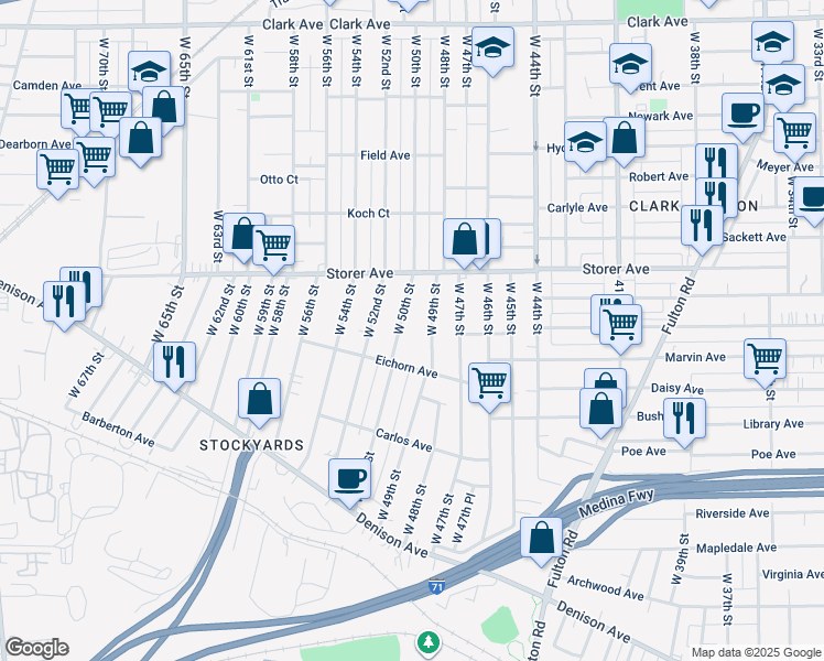 map of restaurants, bars, coffee shops, grocery stores, and more near 4926 Eichorn Avenue in Cleveland