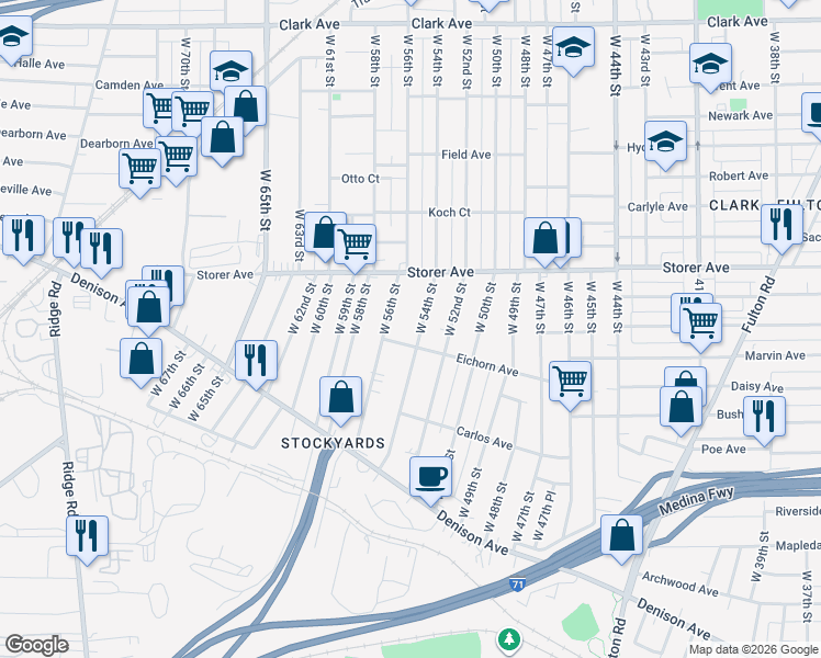 map of restaurants, bars, coffee shops, grocery stores, and more near 3468 West 54th Street in Cleveland
