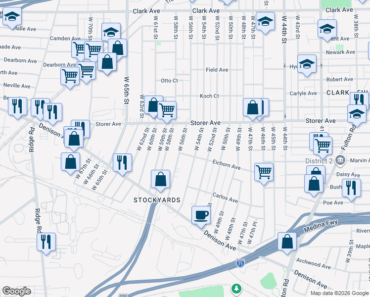map of restaurants, bars, coffee shops, grocery stores, and more near 3468 West 54th Street in Cleveland
