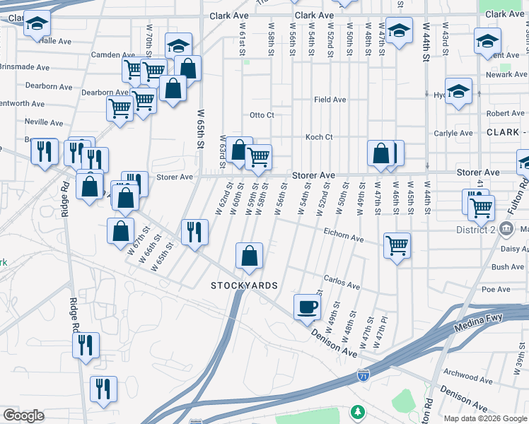 map of restaurants, bars, coffee shops, grocery stores, and more near 3466 West 56th Street in Cleveland