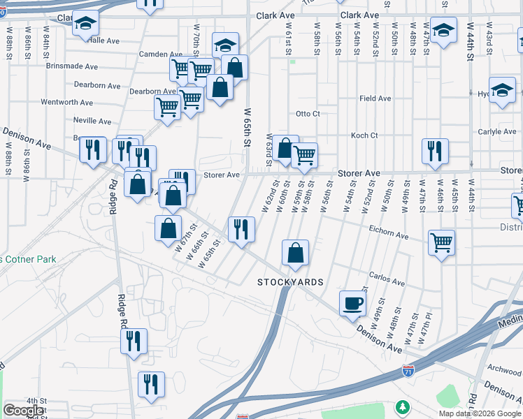 map of restaurants, bars, coffee shops, grocery stores, and more near 3467 West 62nd Street in Cleveland