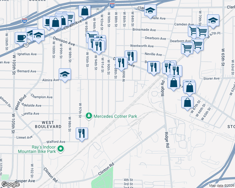 map of restaurants, bars, coffee shops, grocery stores, and more near 3440 West 86th Street in Cleveland