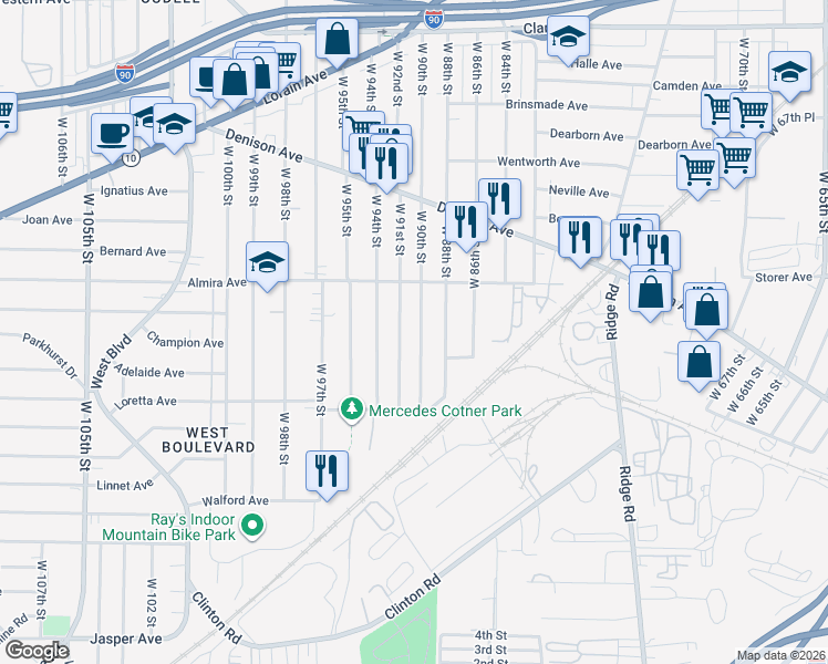 map of restaurants, bars, coffee shops, grocery stores, and more near 3441 West 90th Street in Cleveland