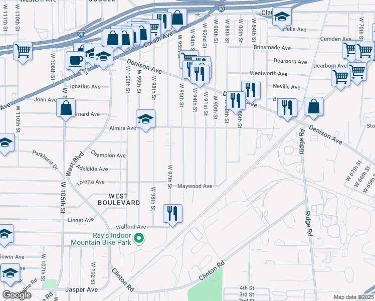map of restaurants, bars, coffee shops, grocery stores, and more near 3447 West 95th Street in Cleveland