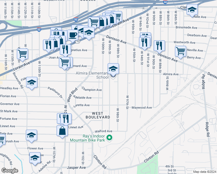 map of restaurants, bars, coffee shops, grocery stores, and more near 3431 West 100th Street in Cleveland
