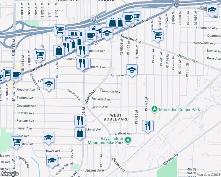 map of restaurants, bars, coffee shops, grocery stores, and more near 10115 Champion Avenue in Cleveland