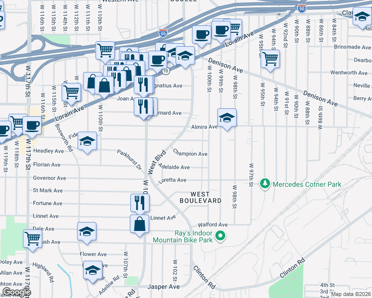 map of restaurants, bars, coffee shops, grocery stores, and more near 10229 Champion Avenue in Cleveland
