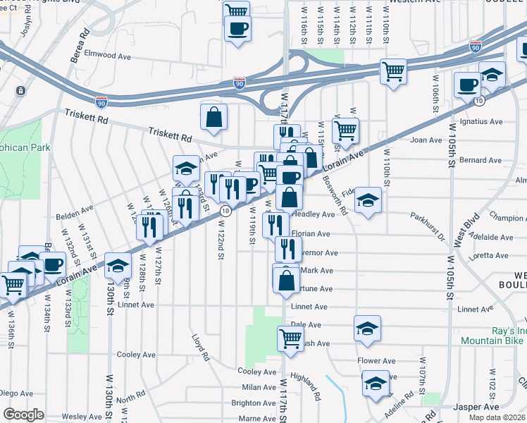 map of restaurants, bars, coffee shops, grocery stores, and more near 3403 West 118th Street in Cleveland