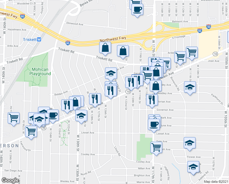 map of restaurants, bars, coffee shops, grocery stores, and more near in Cleveland