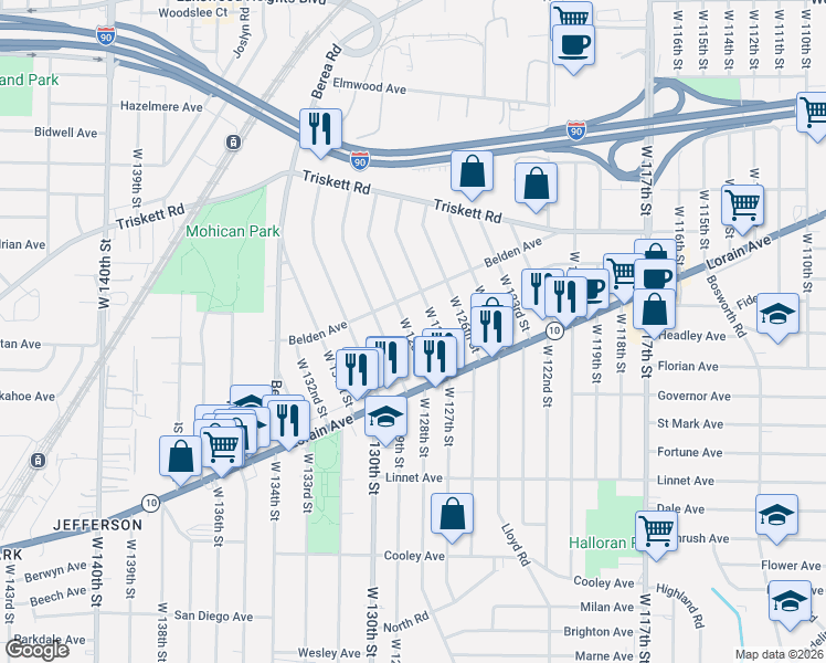 map of restaurants, bars, coffee shops, grocery stores, and more near 3411 West 129th Street in Cleveland