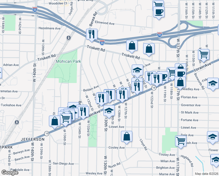 map of restaurants, bars, coffee shops, grocery stores, and more near 3411 West 129th Street in Cleveland